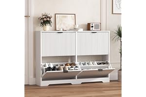 HUANLEGO Shoe Cabinet Storage for Entryway with 4 Flip Drawers, White Fluted Shoe Cabinet with Adjustable Shelves, Wooden Hidden Shoes Rack Freestanding Narrow Slim Shoes Storage for Hallway, Entrance