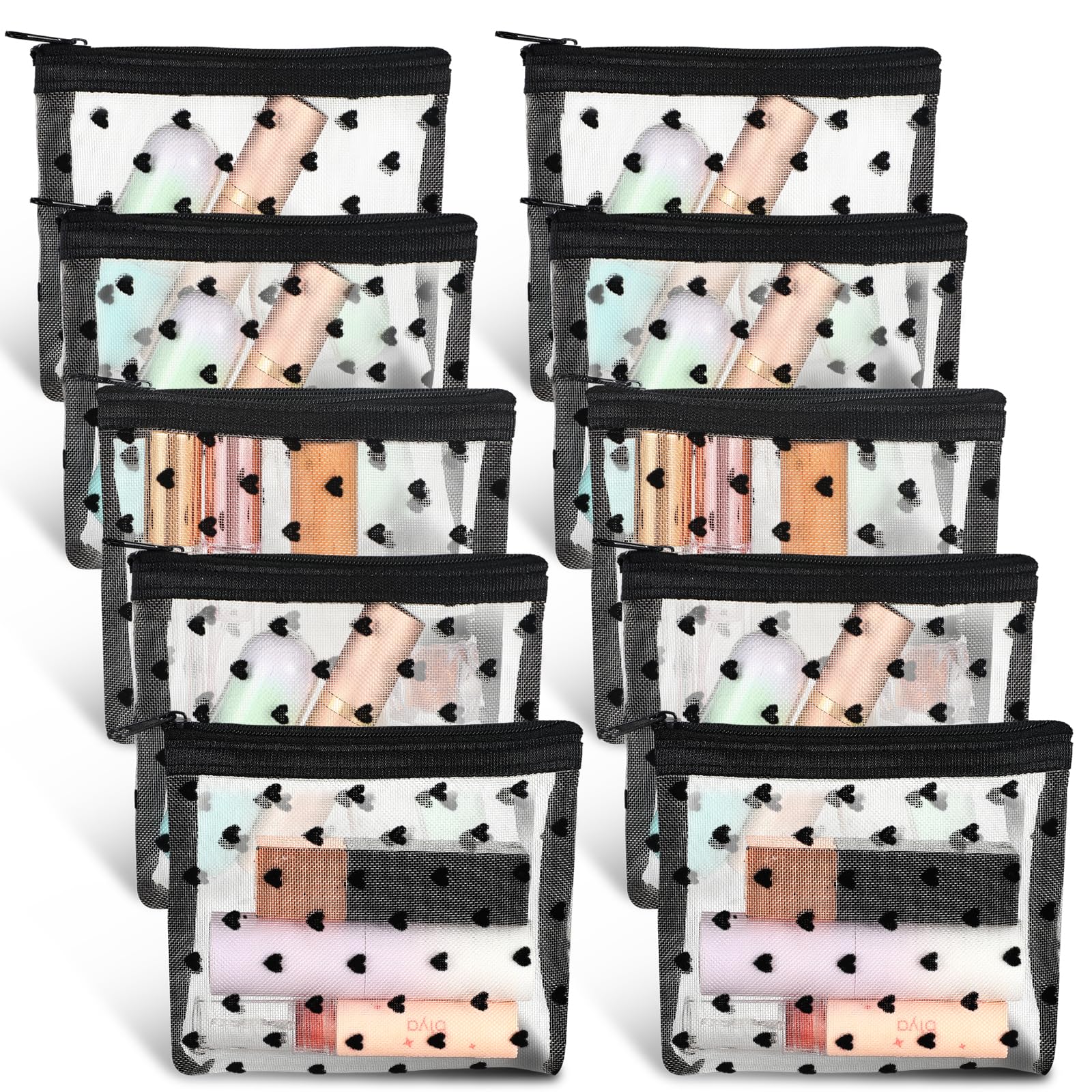 Photo 1 of MBAIYO 10pcs Mini Mesh Makeup Bags Zipper, Heart Print Cosmetic Bags 3D Heart-shaped Storage Pouch Small Nylon Organizer Purse Bag for Women Lipstick Travel Home Offices Toiletry(Beige)