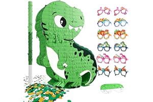 LAKINGO Dinosaur Piñata for Boys, Piñata de Dinosaurio para niños with 12pcs Paper Glasses, Confetti, Wood Stick and Blindfold, Dino Piñata for Birthday Party Decorations (16"*13"*3.5")