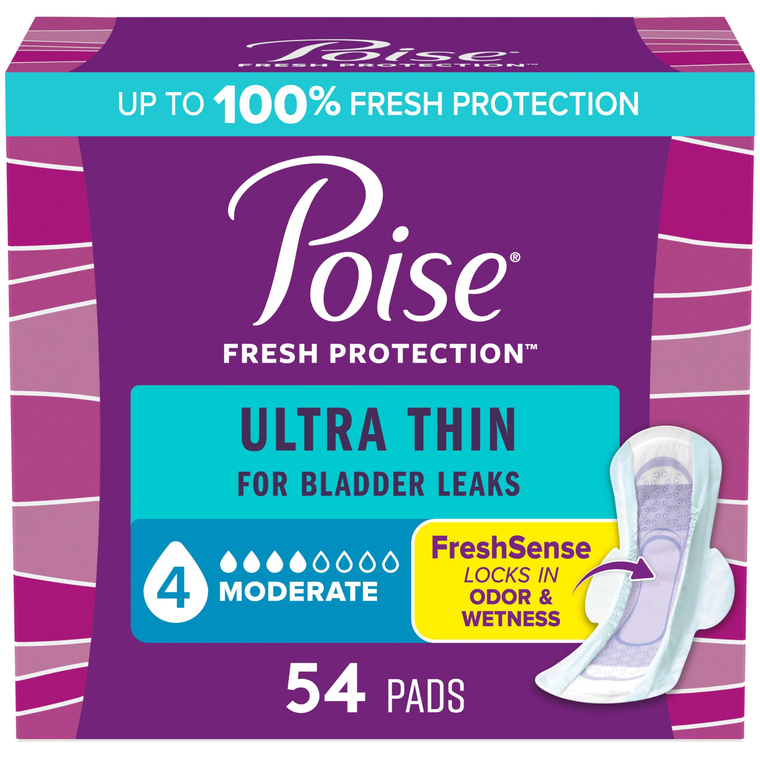 Photo 1 of Poise Ultra Thin Incontinence & Postpartum Pads with Wings for Bladder Leaks, 4 Drop Moderate Absorbency, Regular Length, 54 Count, Packaging May Vary