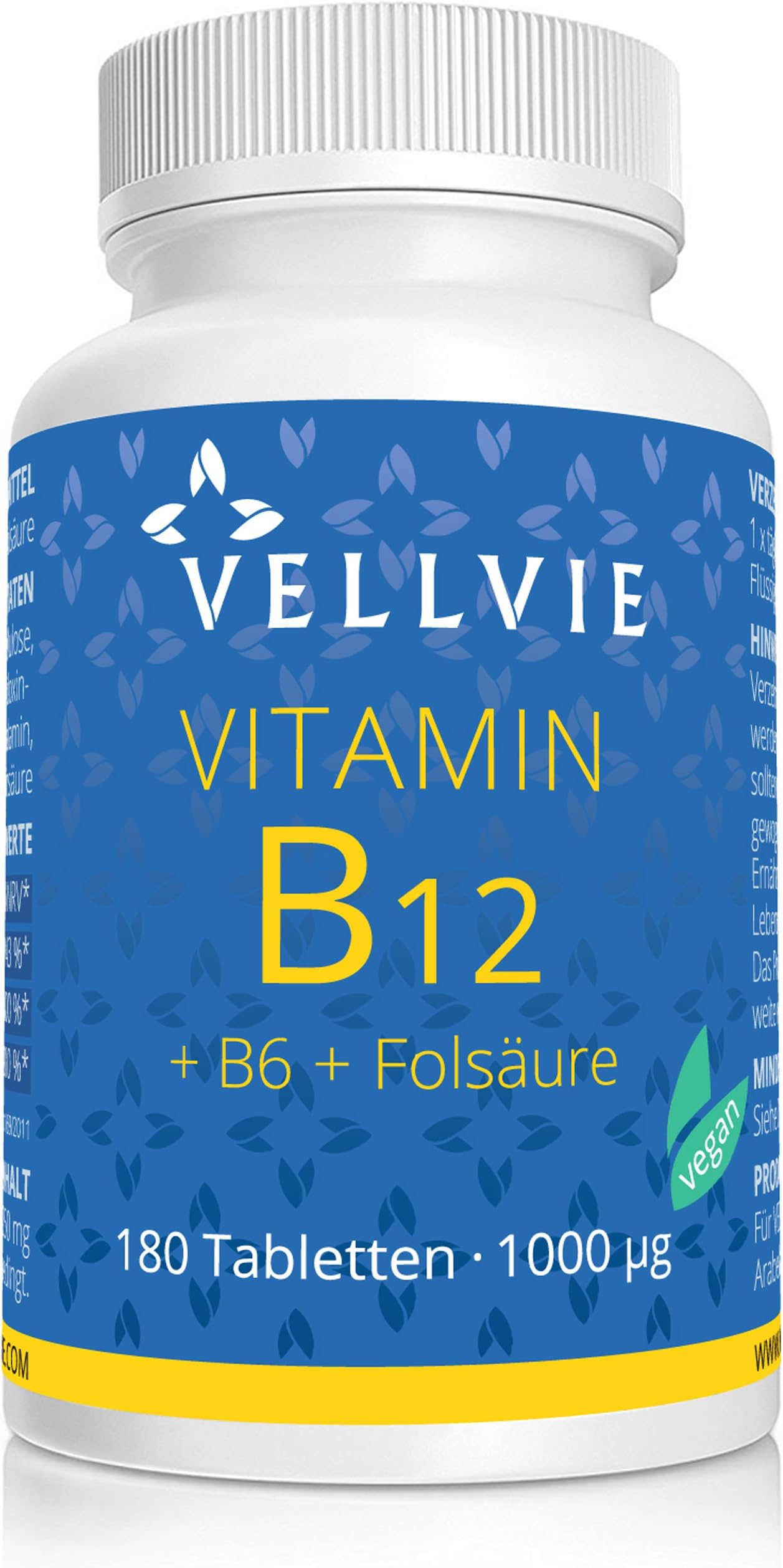 Vitamin B12 Vegan 1000mcg Active Methylcobalamin 180 tablets, B6 and folic acid, free from magnesium stearate, VELLVIE