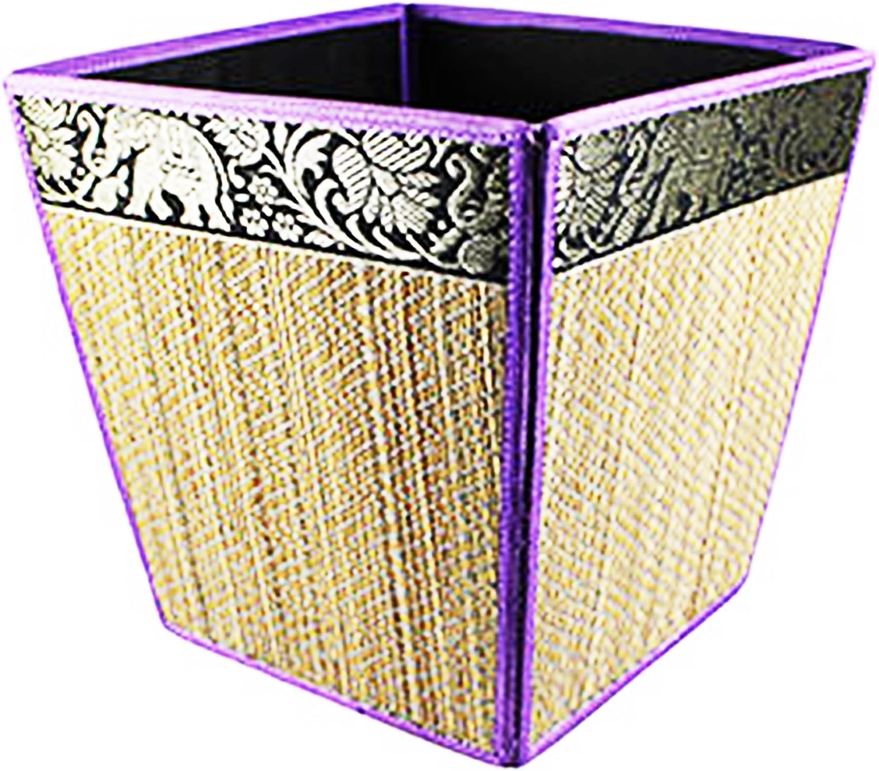 chantubtimplaza Waste Basket Thailand Elephant Silk Reed Paper Bin Home Decorate Purple Color
