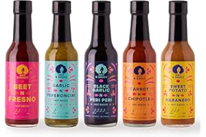 Hot N Saucy Holiday Hot Box, Set of 5 hot sauces- Beet N Fresno, Garlic N Peperoncini, Black Garlic N Peri Peri, Carrot N Chipotle and Sweet Potato N Habanero. 5 fl oz each