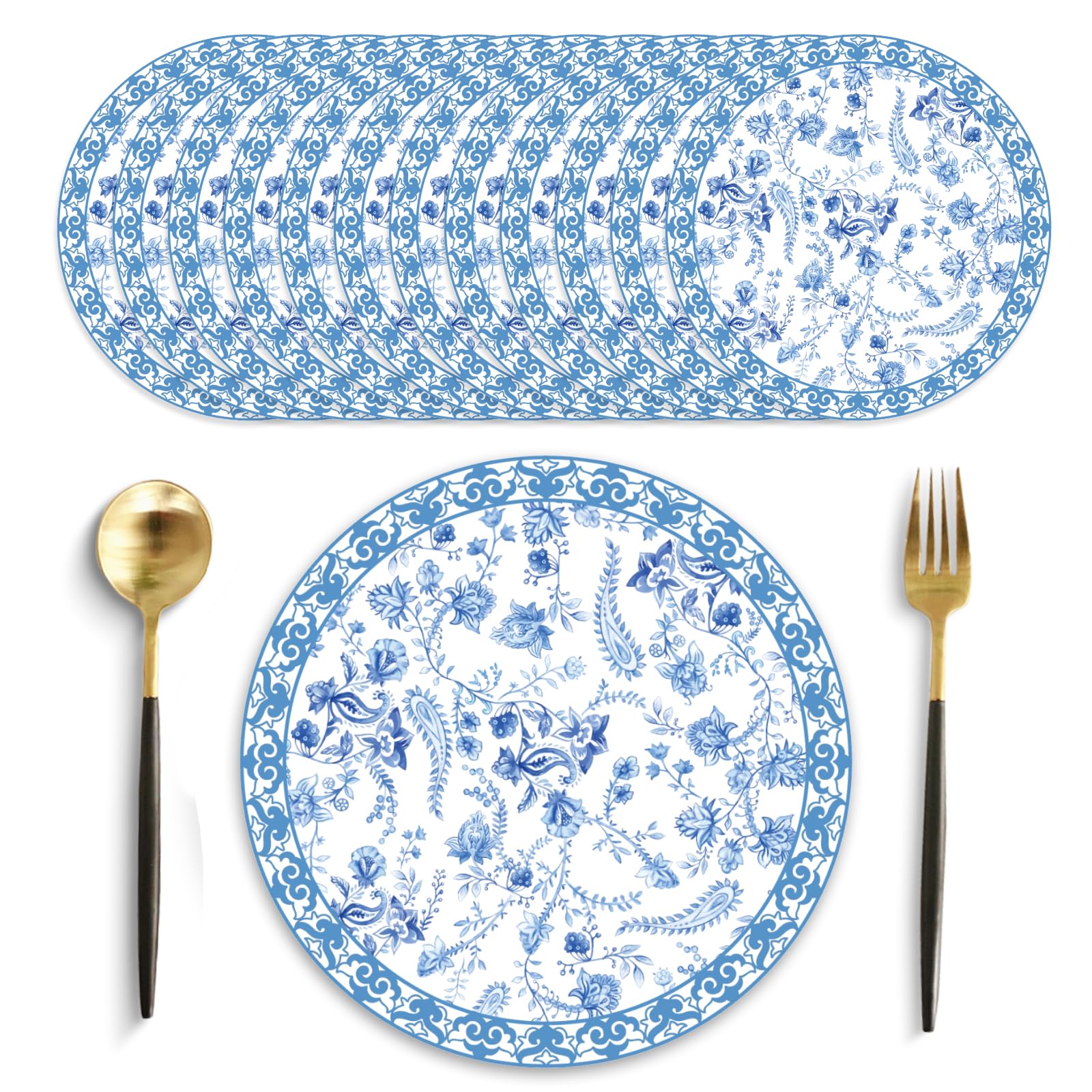 Photo 1 of 50 Pack Blue Floral Branches Vintage Paper Placemats 13.7 Inch Disposable Blue White Flower Placemats Decorative Chinoiserie Round Table Mats for Dining Wedding Anniversary Birthday Party Supplies