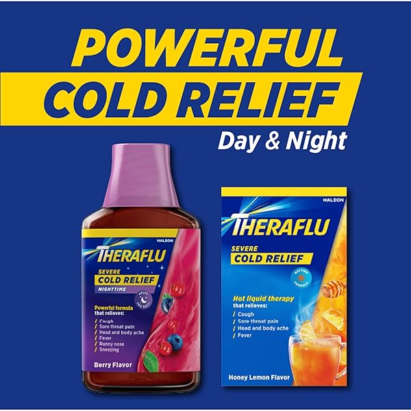 THERAFLU COMBO NIGHTTIME SEVERE COLD RELIEF SYRUP, BERRY FLAVOR, 8.3 FL OZ & THERAFLU DAYTIME SEVERE COLD RELIEF POWDER, HONEY LEMON FLAVOR, 6 CT