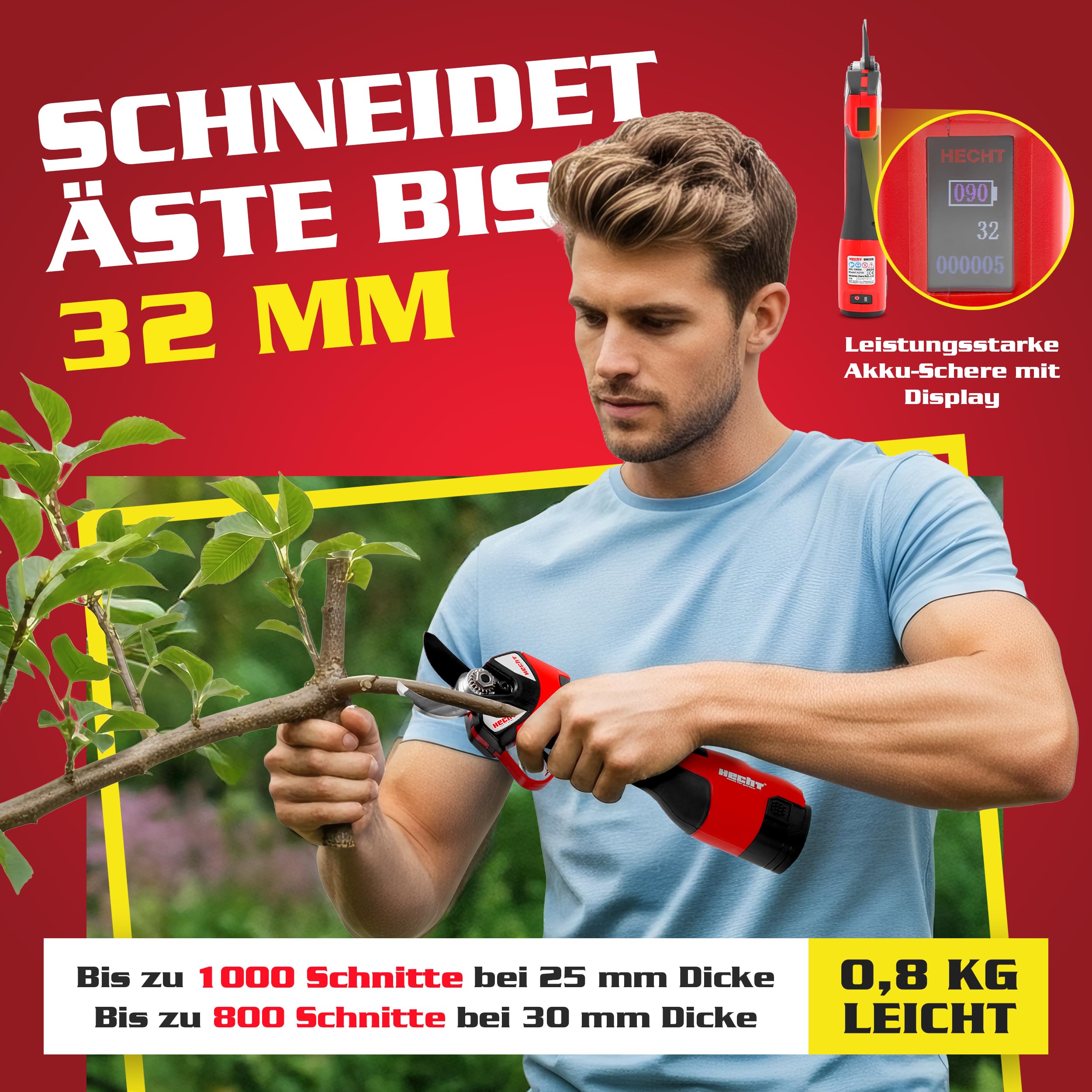 HECHT Akku Astschere 32 mm und Mini Kettensäge 14 cm 2 Akkus 4
