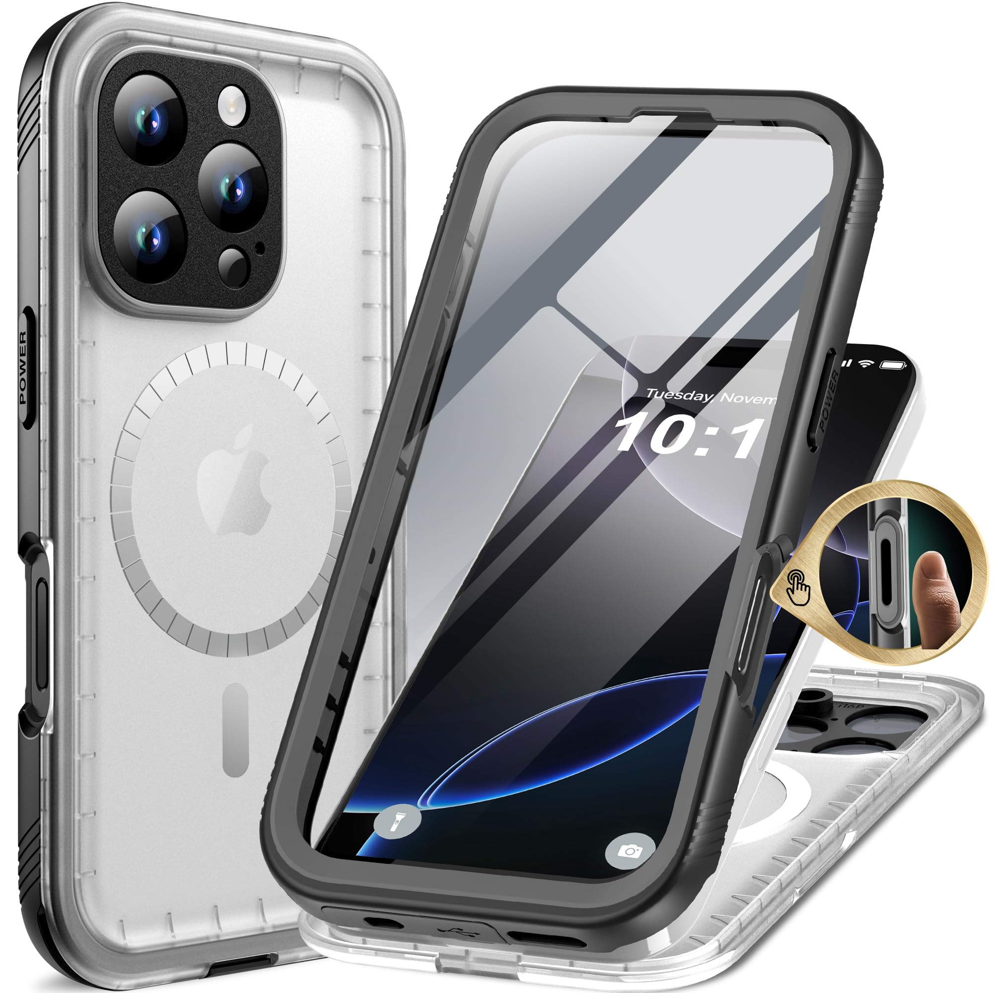 Photo 1 of Cozycase for iPhone 16 Pro Max Waterproof Shockproof Dustproof Case [Compatible with MagSafe] - Heavy Duty/360 Full Body/Military Grade/Rugged Built in Screen/Camera Protector Black/Frosted Clear 6.9"
