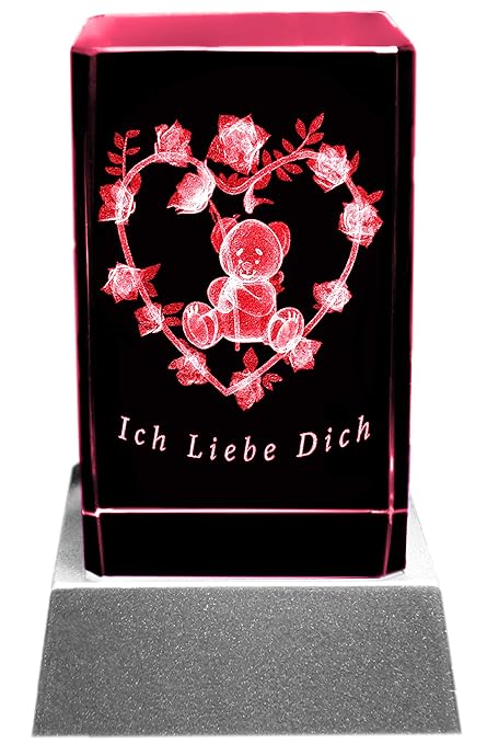 Kaltner Präsente Stimmungslicht LED Kerze/Kristall Glasblock / 3D-Laser-Gravur Teddy Rose Herz ICH LIEBE DICH