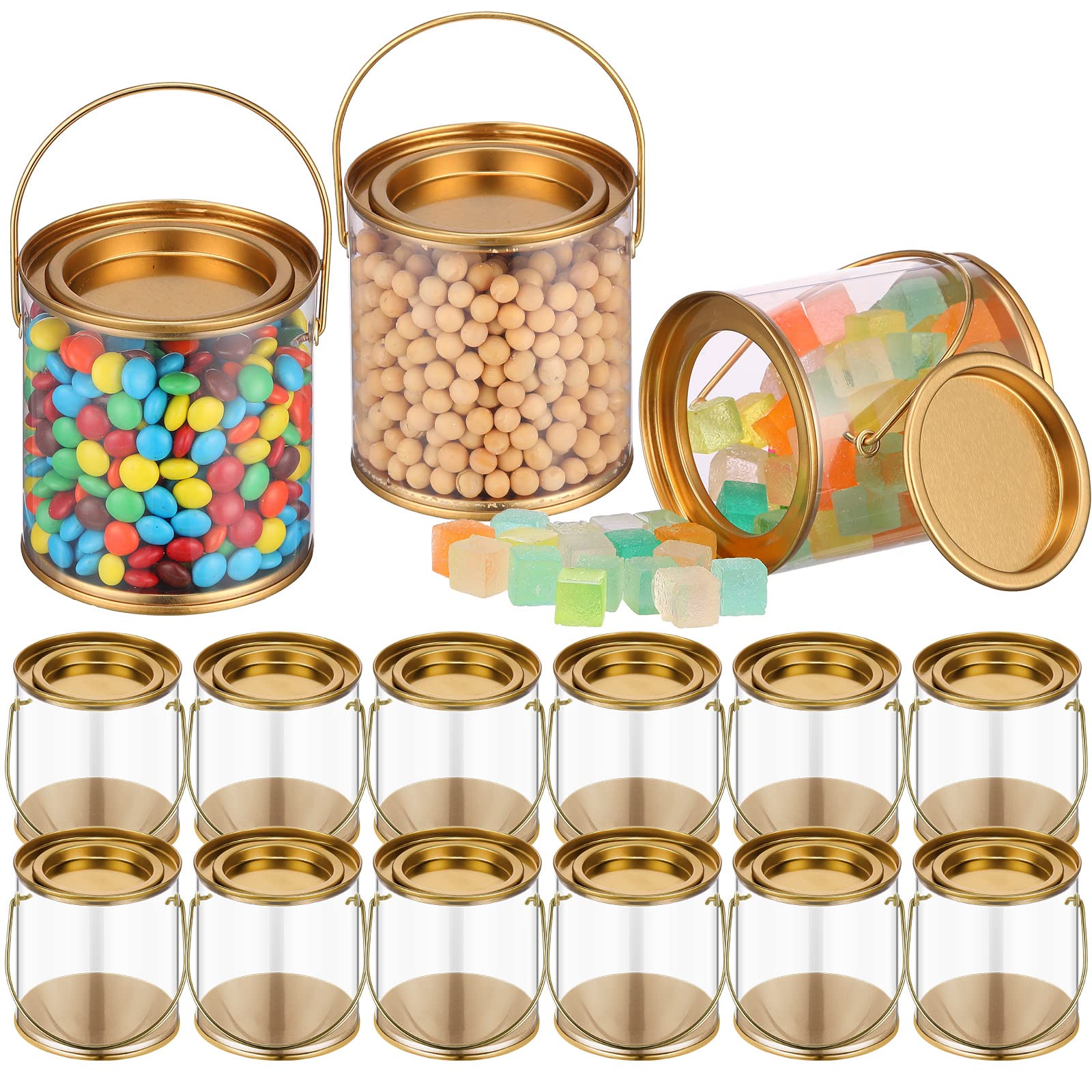 Photo 1 of 12 Pack Paint Cans Clear Plastic Paint Cans 3 x 3 Inches Mini Empty Bucket with Lids Small Transparent Paint Containers for Art Crafts Candy DIY Projects Christmas Party Favor Decor (Gold)