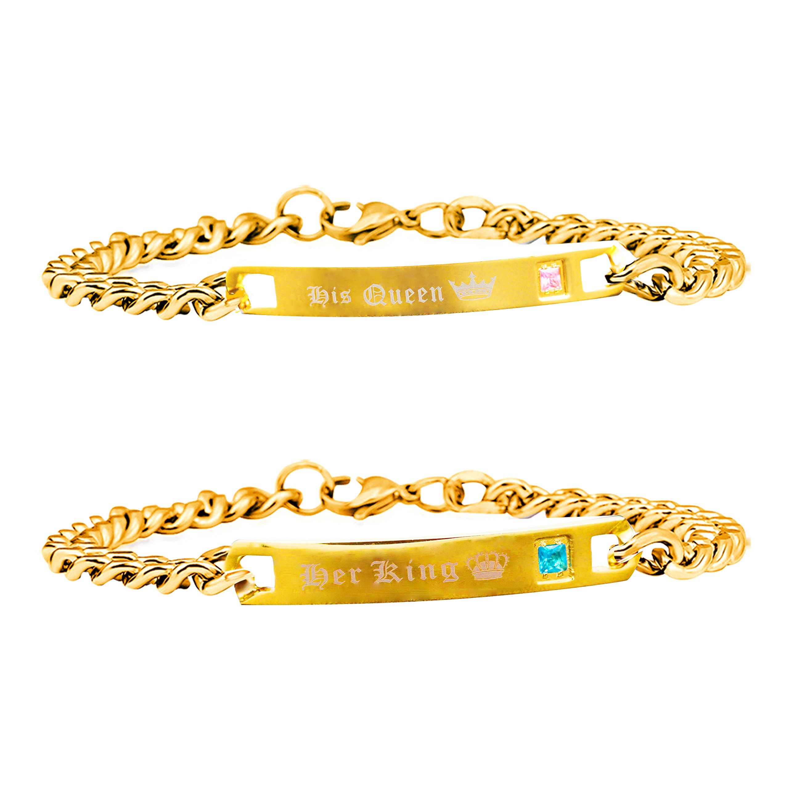 Uloveido Gold Plated Cool Titanium Cuban Chain Bracelet Set with Pink Blue Cubic Zirconia - Charm His and Hers Matching Bracelets for Couples SN123 (Gold Pairs Bracelets)