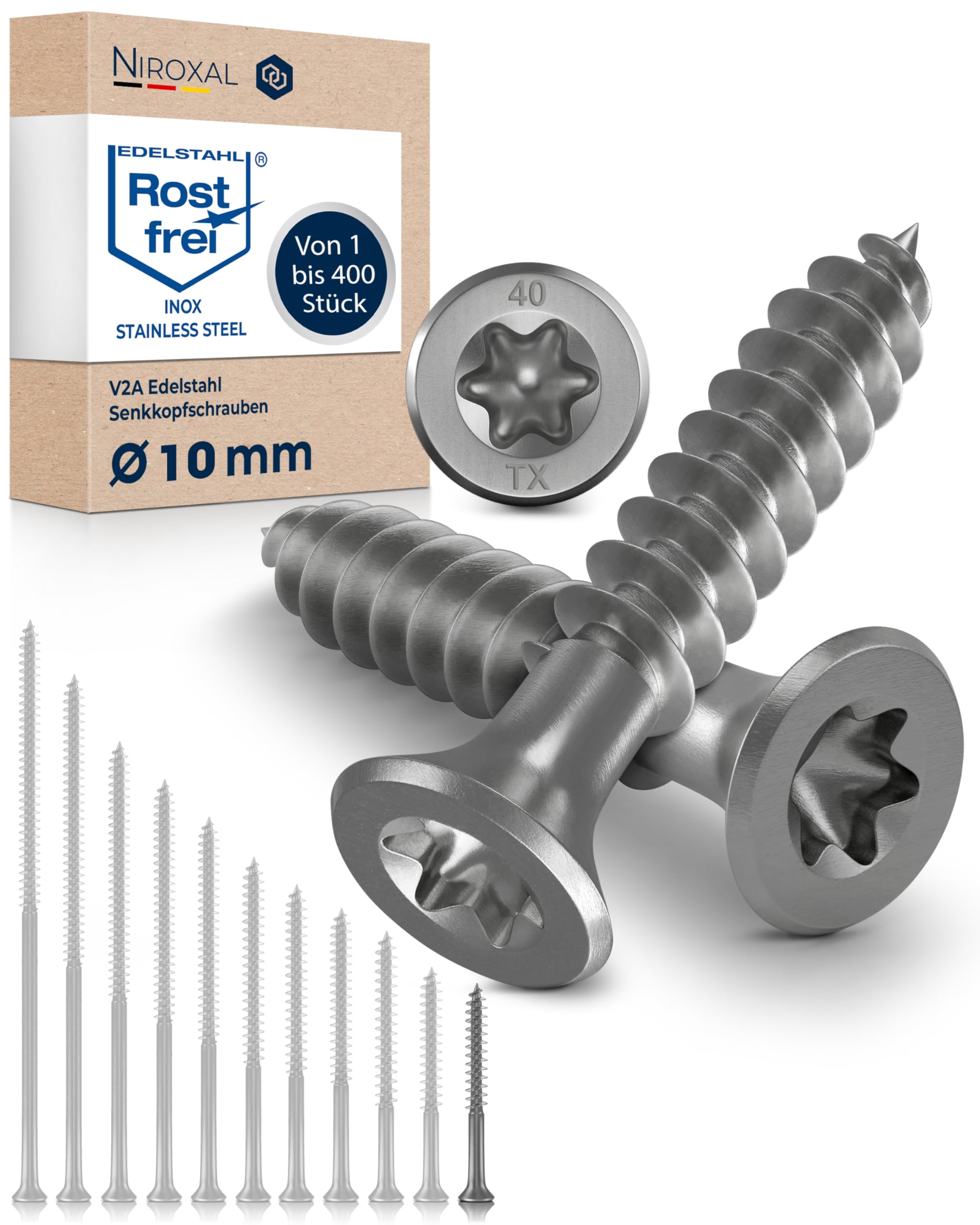 Wood Screws 10 x 60 mm TORX Countersunk Head Stainless Steel 304 Chipboard Screws Timber Screws Partial Thread Rustproof A2 100 Pack
