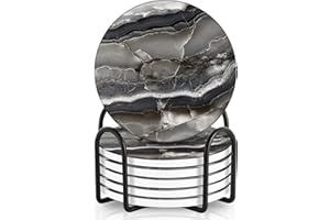 Emerson Essentials Coasters for Drinks Absorbent with Holder, Set of 6, Cork Backing Ceramic Stone Marble Style for Wooden Coffee Bar Tables, Glass Tabletop Non Slip, with Stand