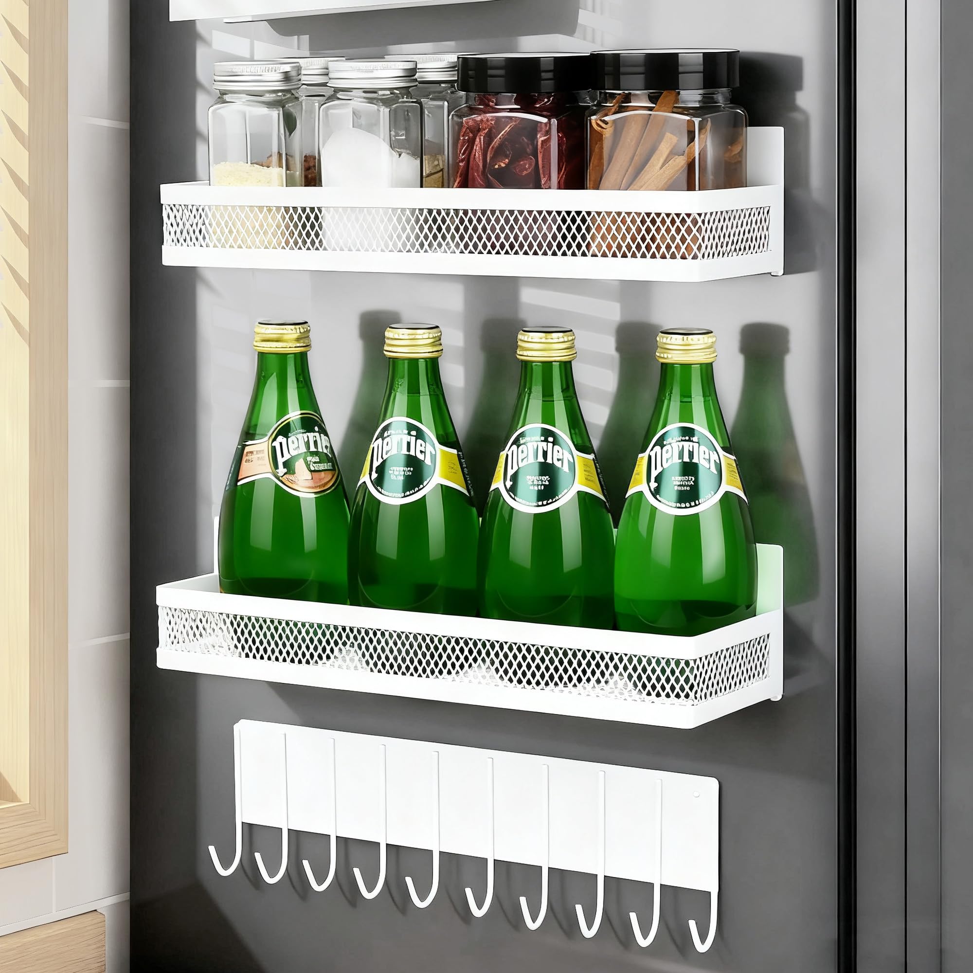 Photo 1 of **BLACK** Rixordd 3-Pack Magnetic Spice Rack for Refrigerator, Moveable Shelf with 10 Hooks, Fridge Organizer for Kitchen Storage, 