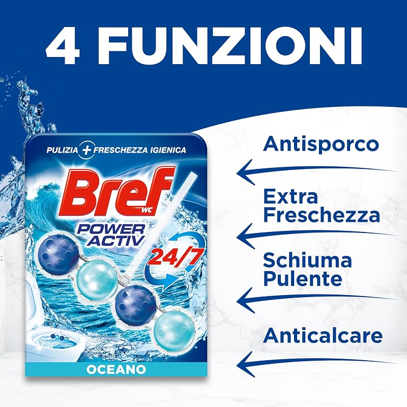 Power Activ Ocean (3 unidades), limpador de casa de banho com fórmula 4 em 1, cesto higiénico e protetor para sanita, com aroma Ocean, limpador de casa de banho anti-calcário, proteção 24 horas