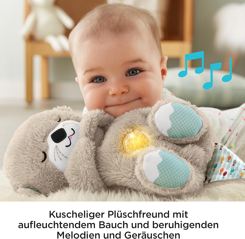 Schlummer Otter Kuscheltier mit Atembewegung und Musik, Baby Erstausstattung, Neugeborene, Baby Spielzeug ab Geburt, Babyparty und Neugeborenen Geschenk, FXC66