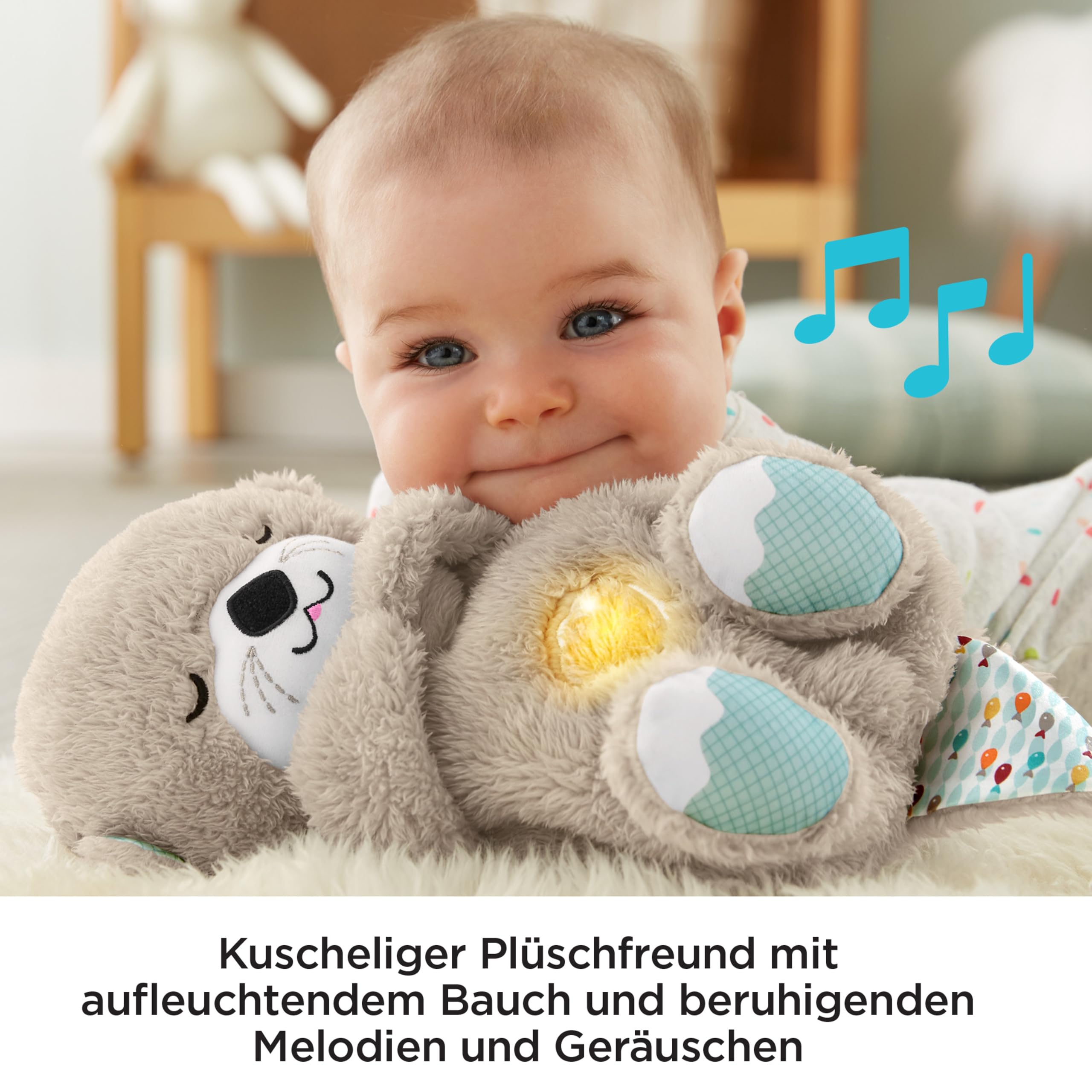 Fisher-Price Schlummer Otter Kuscheltier mit Atembewegung und Musik, Baby Erstausstattung, Neugeborene, Baby Spielzeug ab Geburt, Babyparty und Neugeborenen Geschenk, FXC66 4