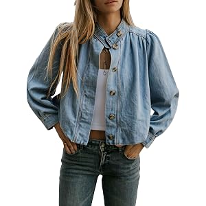 Lumister Women's Denim Jacket with Puff Sleeves Button Down Jean Top Outfit Casual Vintage Shacket for Women