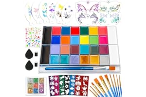 MULVINNIE Face Painting Kit for Kids – 26 Colors Non-Toxic Face & Body Paint Palette with Brushes, Stencils, Glitter & Gems for Parties, Halloween, Festivals, School Events, and Creative Play