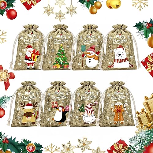 8PCS Christmas Jute Burlap Gift Bags,Christmas Linen Bags,with Drawstring,Treat Candy Bag with Double Drawstrings,for Xmas Party Favors