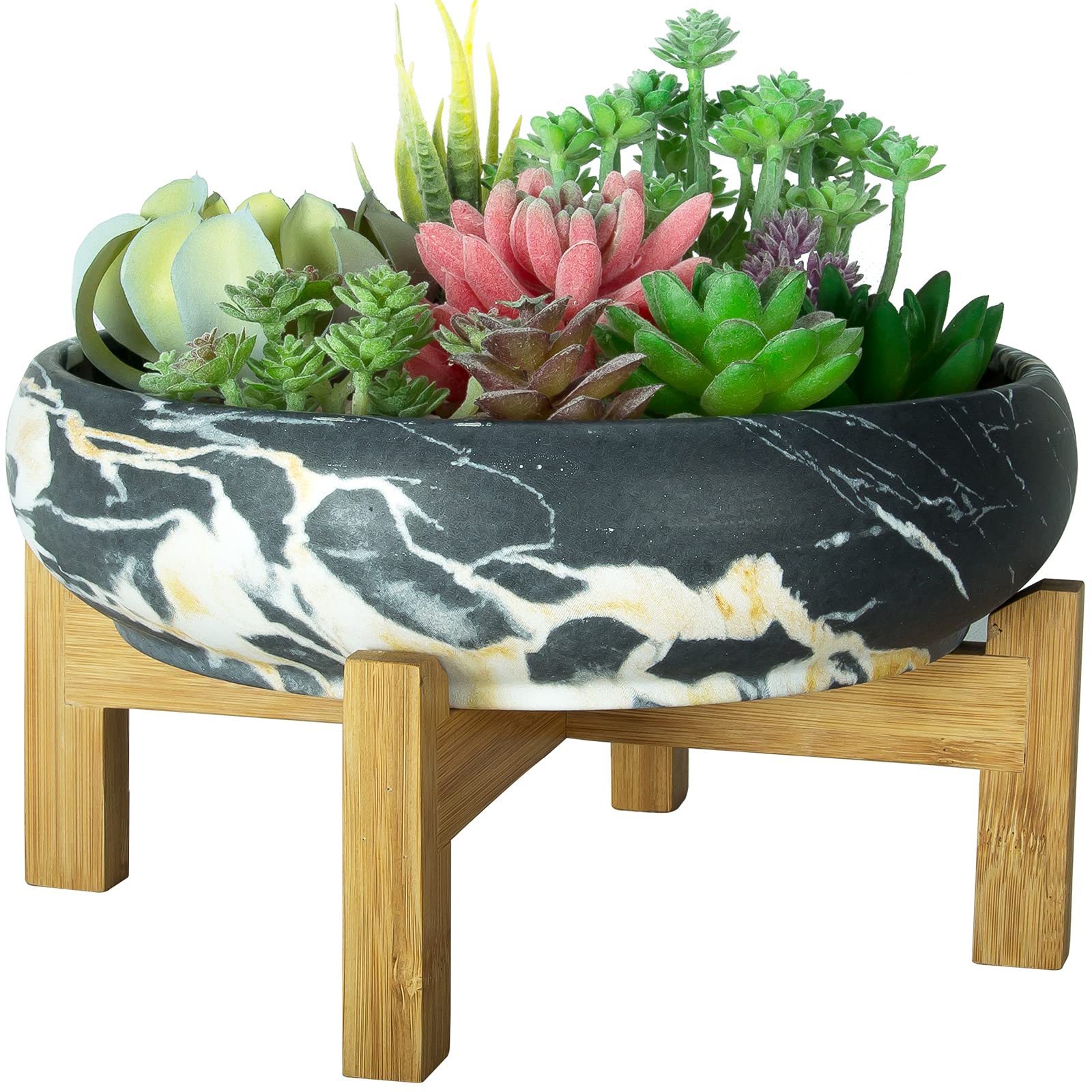 ARTKETTY Succulent Plant Pot, 25.5 CM Large Bonsai Pots with Drainage Stand, Shallow Marble Cactus Plant Pot Ceramic Pots for Indoor/Outdoor Succulent Plants Decorative Garden Flower Plant Bowl