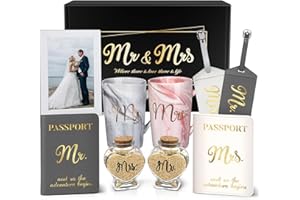 Linkax Wedding Engagement Bridal Shower Gifts for Couples Newlyweds Bride Groom Wife Honeymoon Anniversary, Mr and Mrs Coffee Mugs Set, Sand Jars Luggage Tags Passport Holder Presents