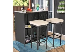 Furnimy Outdoor Patio Bar Furniture Outdoor Bar Table and Chair Set 3 Pieces Patio Bar Set PE Wicker Patio Furniture Outdoor Bar Set, 2 Outdoor Bar Stools and 1 Outdoor Table(Beige)