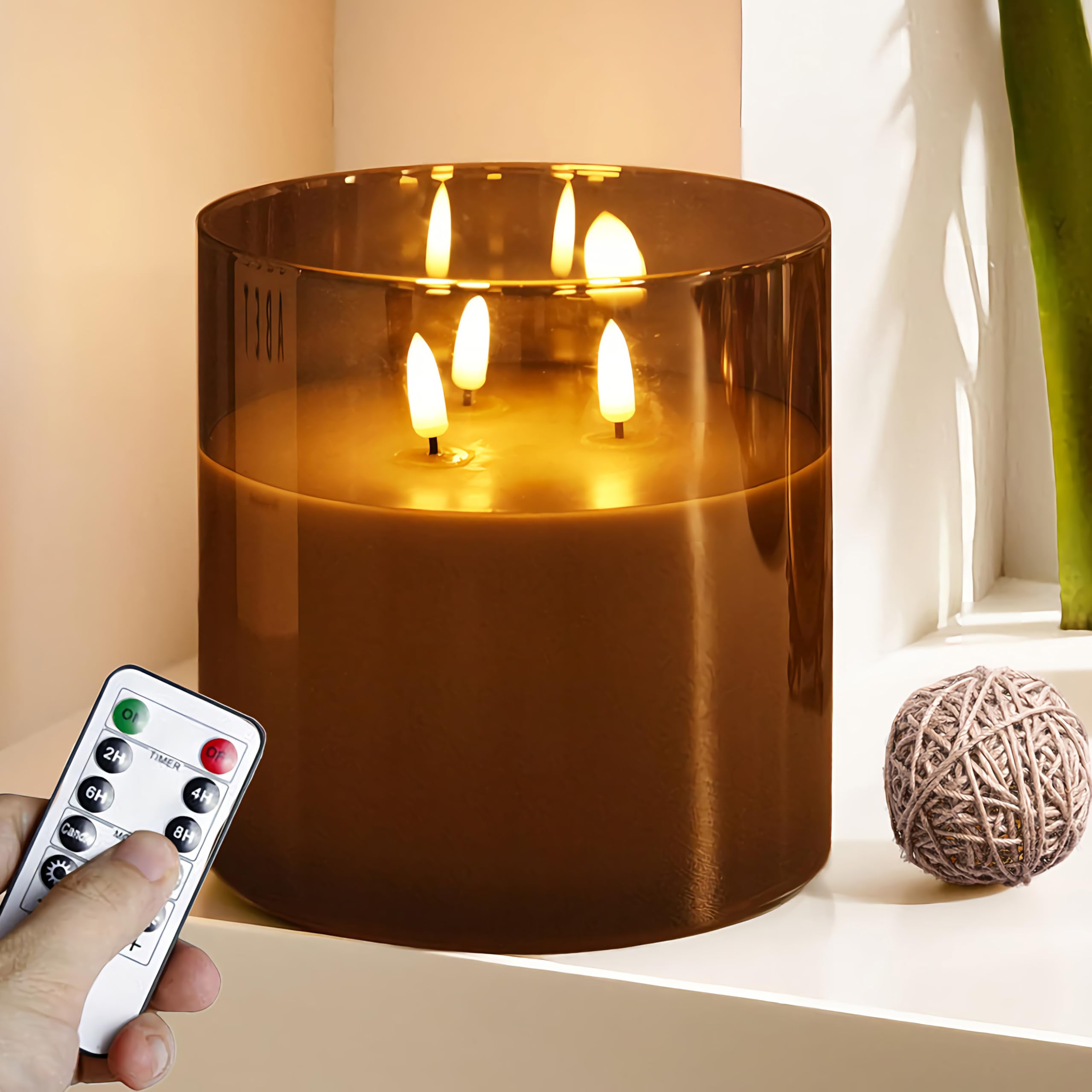 Photo 1 of NICEME Extra Large 3 Wick Battery Operated Candle, 6"x6" Big Clear Glass Flameless Candles with Remote, Real Wax Flickering Led Pillar Fake Giant Candle for Wedding Party Holiday Home Decor, Grey