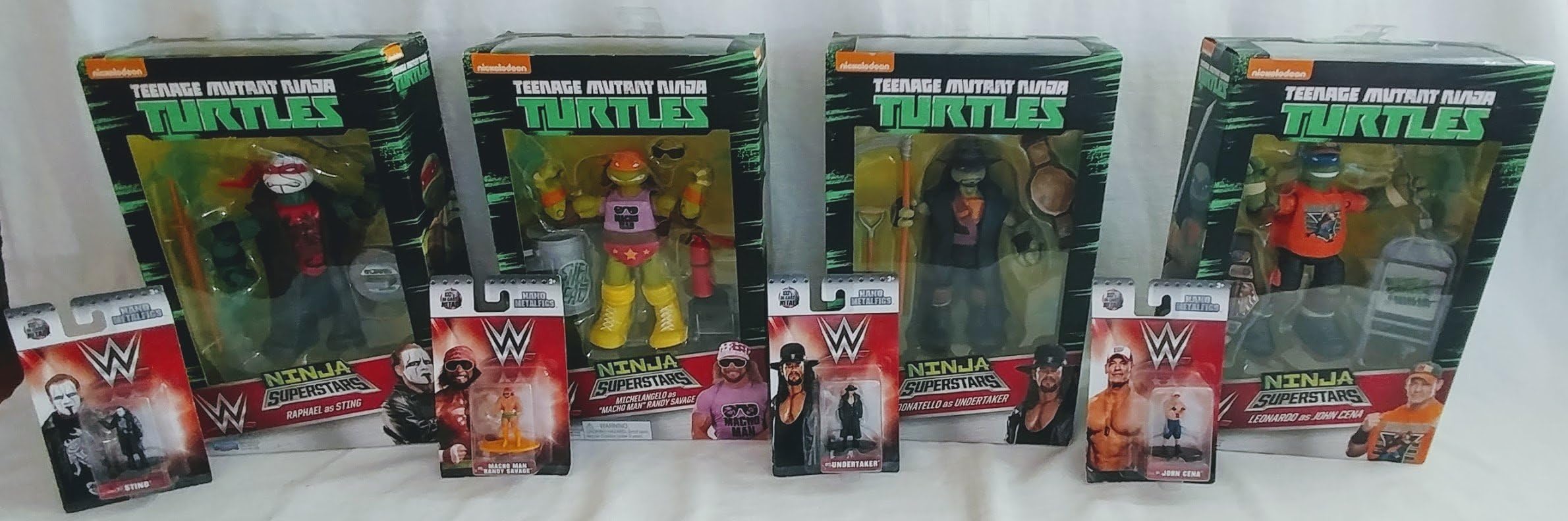 TMNT Teenage Mutant Ninja Turtles Ninja Superstar Wrestling Action Figures with exclusive bonus 2017 WWE Nano Metalfigs Mini Companion Figures John Cena, Undertaker, Sting, Macho Man Bundle - 8 pieces
