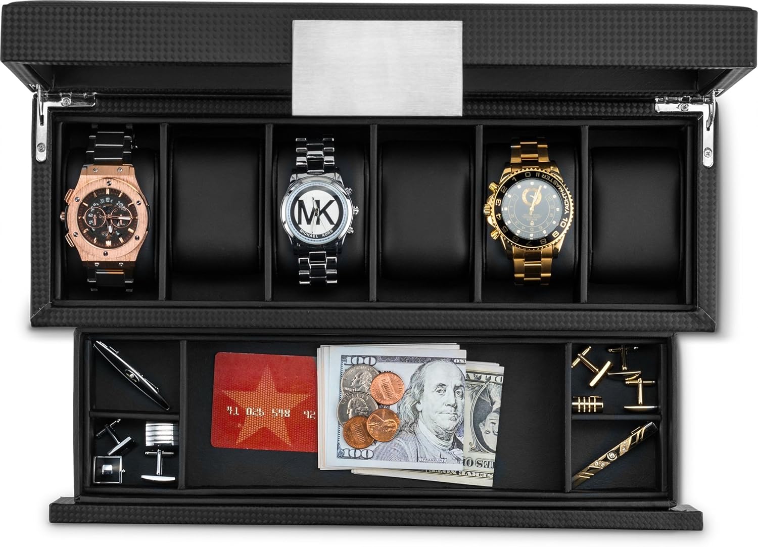 Glenor Co Watch Box with Valet Drawer for Men - 6 Slot Luxury Watch Case Display Organizer, Carbon Fiber Design -Metal Buckle for Mens Jewelry Watches, Men's Storage Holder Boxes has a Large Glass Top: Home & Kitchen