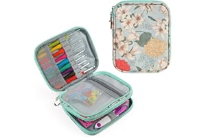 ONBAGLST Crochet Hook Case Without Hooks, Zipper Storage Organizer Bag With Pockets for Various Needles, Knitting Accessories, Kit Tools - Medium, Easy to Carry (Green Flowers)