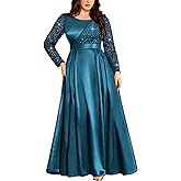 MISSMAY Women's Plus Sequin Lace with Satin Long Sleeves Formal Evening Prom Dresses