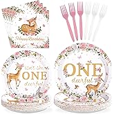 96Pcs Pink Deer Girl 1st Birthday Party Supplies Isn't She Onedeerful Plates and Napkins Pink Floral Deer Tableware Set for One Year Girl Floral 1st Birthday Baby Shower Party Supplies，Serves 24