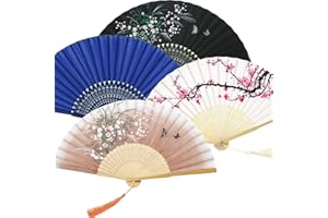 Zonon 4 Pack Handheld Floral Folding Fans Hand Held Silk Bamboo Fans with Tassel Women Hollowed Hand Foldable Fan with Fabric Sleeve for Dancing Wedding Decoration Gifts(Vintage)