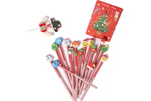 Jsehchya 27PCS Pencils with Christmas Top Eraser for Kids,Pencils with Assorted Cartoon Color Stripe Erasers Topper for Kids School Supplies and Children Prize Gifts (27)