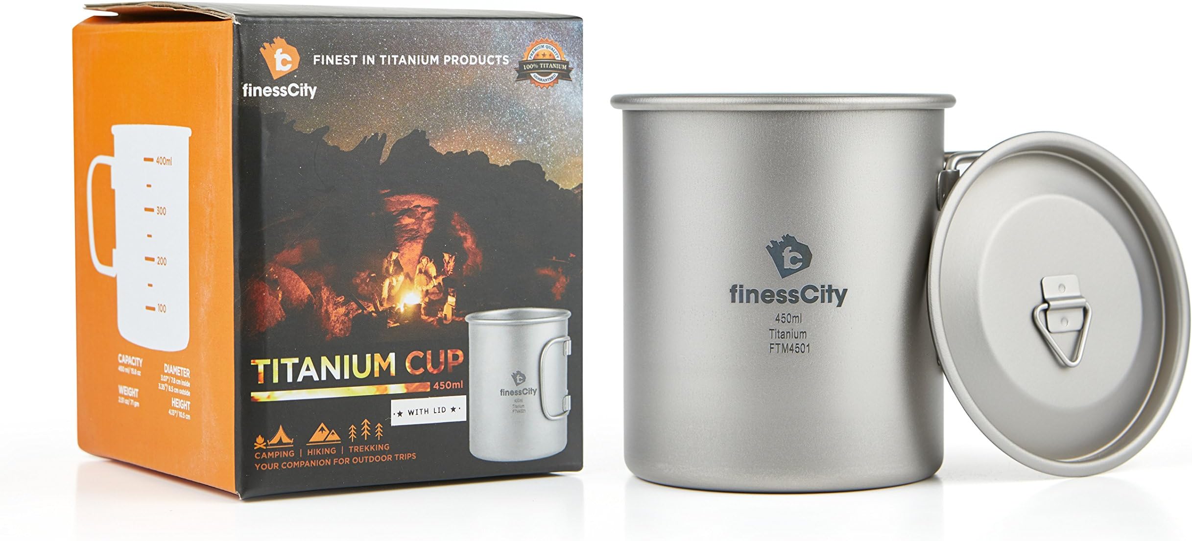 Camp Mug (450ml/ 600ml) With & Without Lid, Strong & Lightweight Camping Mug/Pot With Measurement Marks, Folding Titanium Cup for Backpacking/ Hiking/ Camping in Cloth Case (450ml, Mug with Lid)