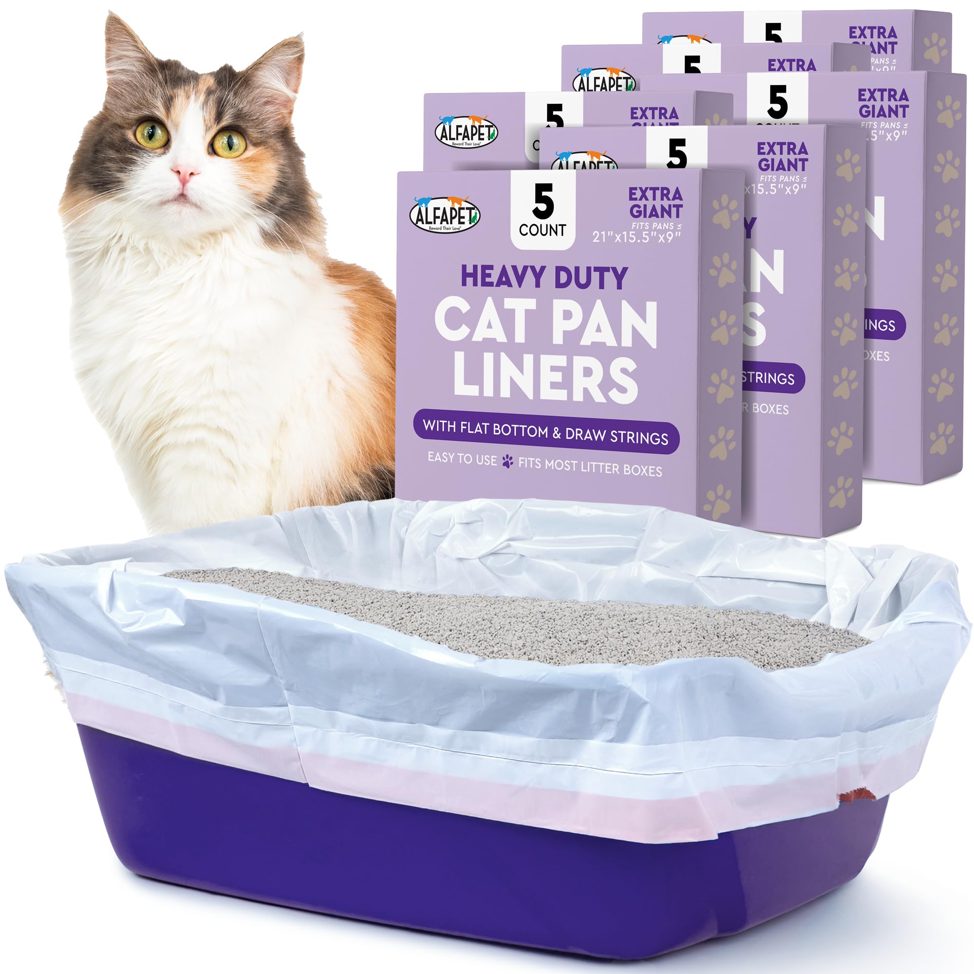 Alfapet cat Litter Box Liners Extra Large 30 bags Heavy Duty 2 mil Thick Plastic, Clever Drawstring Liner for Easy Disposal- Flat Bottom for Easy, Secure Placement in Kitty Pan-Disposable