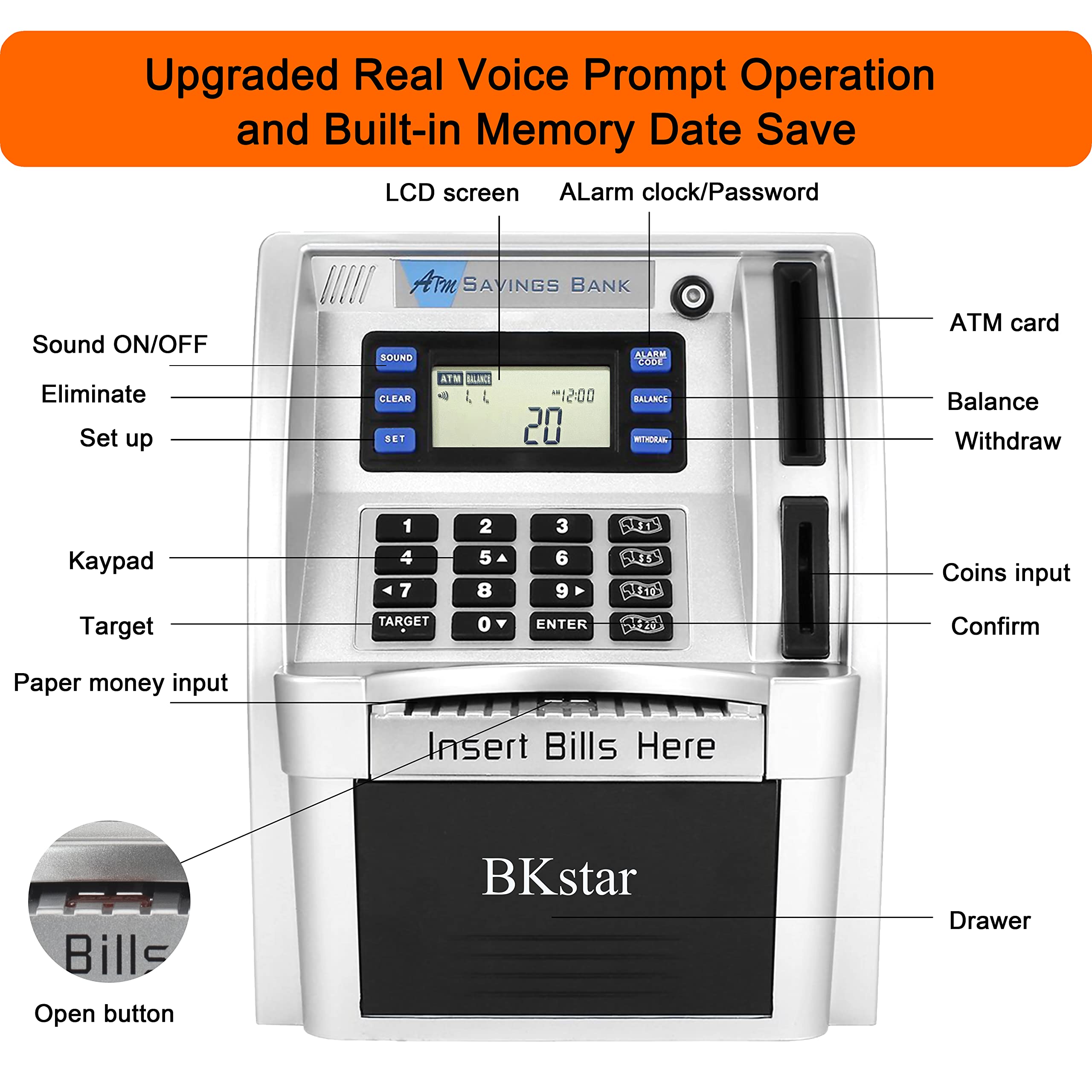 Kids Talking ATM Piggy Bank with Debit Cards, Power-Off Memory, Auto-Opening Drawer for Real Money for Boys, Onekey Shutdown, Bill Feeder, Coin Recognition, Balance Calculator Machine