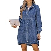 LookbookStore Long Sleeve Denim Dress for Women Jean Dress Button Down Casual Babydoll Denim Shirt Dress