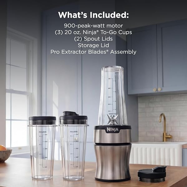 NINJA NUTRI-PLUS PERSONAL BLENDER | COMPACT PUSH TO BLEND | MAKE FROZEN DRINKS, SMOOTHIES, SAUCES & MORE | WITH (3) 20 OZ. TO-GO CUPS, (2) SPOUT-LIDS & (1) STORAGE-LID | 900 PEAK WATT | SILVER | BN301