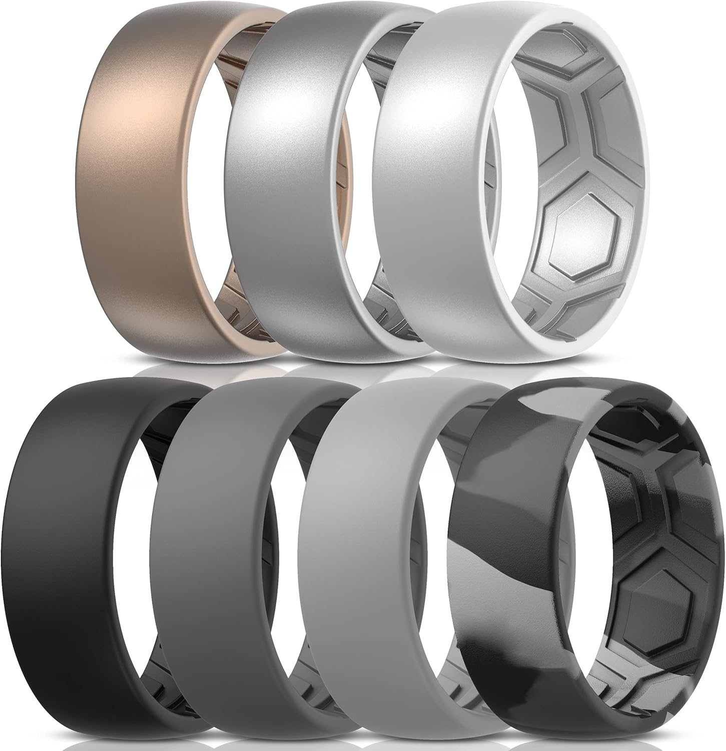 ThunderFit Silicone Rings for Men - 7 Rings / 4 Rings / 1 Ring - Breathable Patterned Design Wedding Bands 8mm Wide - 2.5mm Thick: Clothing