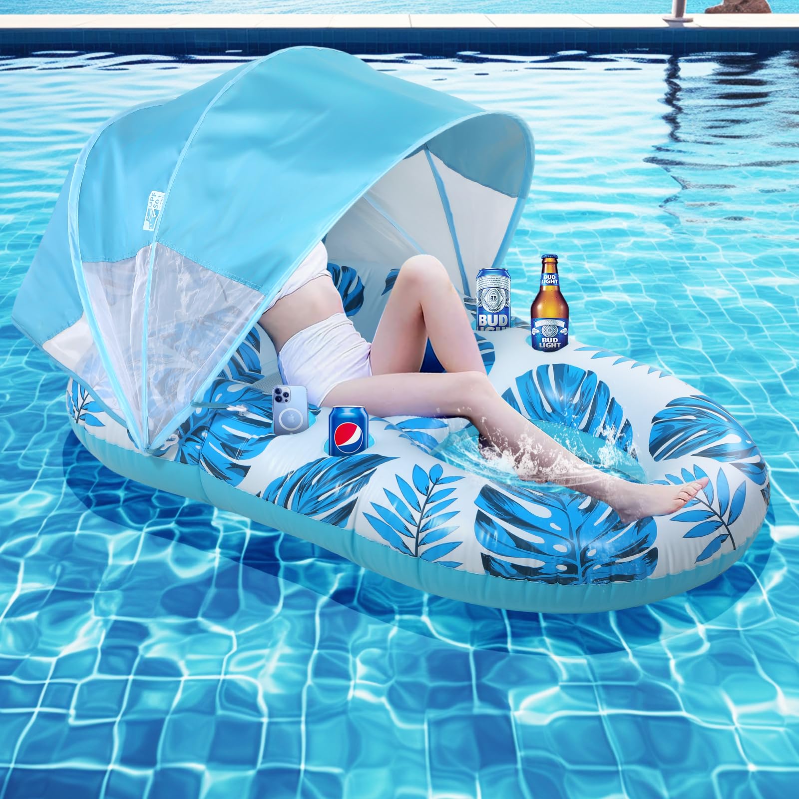 Photo 1 of Bluaqua Pool Floats Thick Durable, Extra Large Pool Float with Canopy UPF50+, Fast Inflation, Cup Holder & Foot Rest - Pool Floats Adult for Swimming Pool, Beach Party Toys