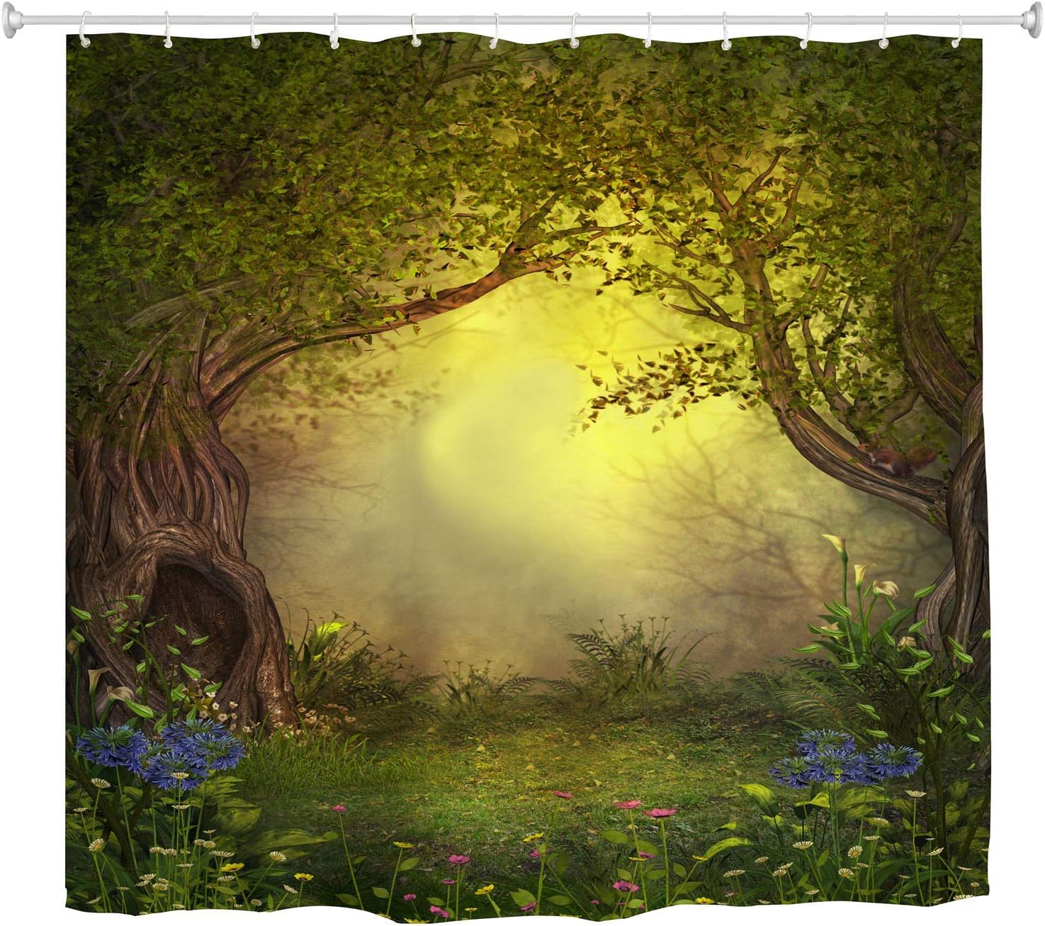Mystic Forest Tree Shower Curtain Fabric, Enchanted Forest Fantasy Nature Landscape with Flower Green Jungle Print Fabric Waterproof Bathroom Decor with Hooks, 72 x 72 inch
