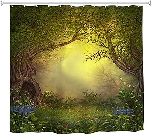 Mystic Forest Tree Shower Curtain Fabric, Enchanted Forest Fantasy Nature Landscape with Flower Green Jungle Print Fabric Waterproof Bathroom Decor with Hooks, 72 x 72 inch