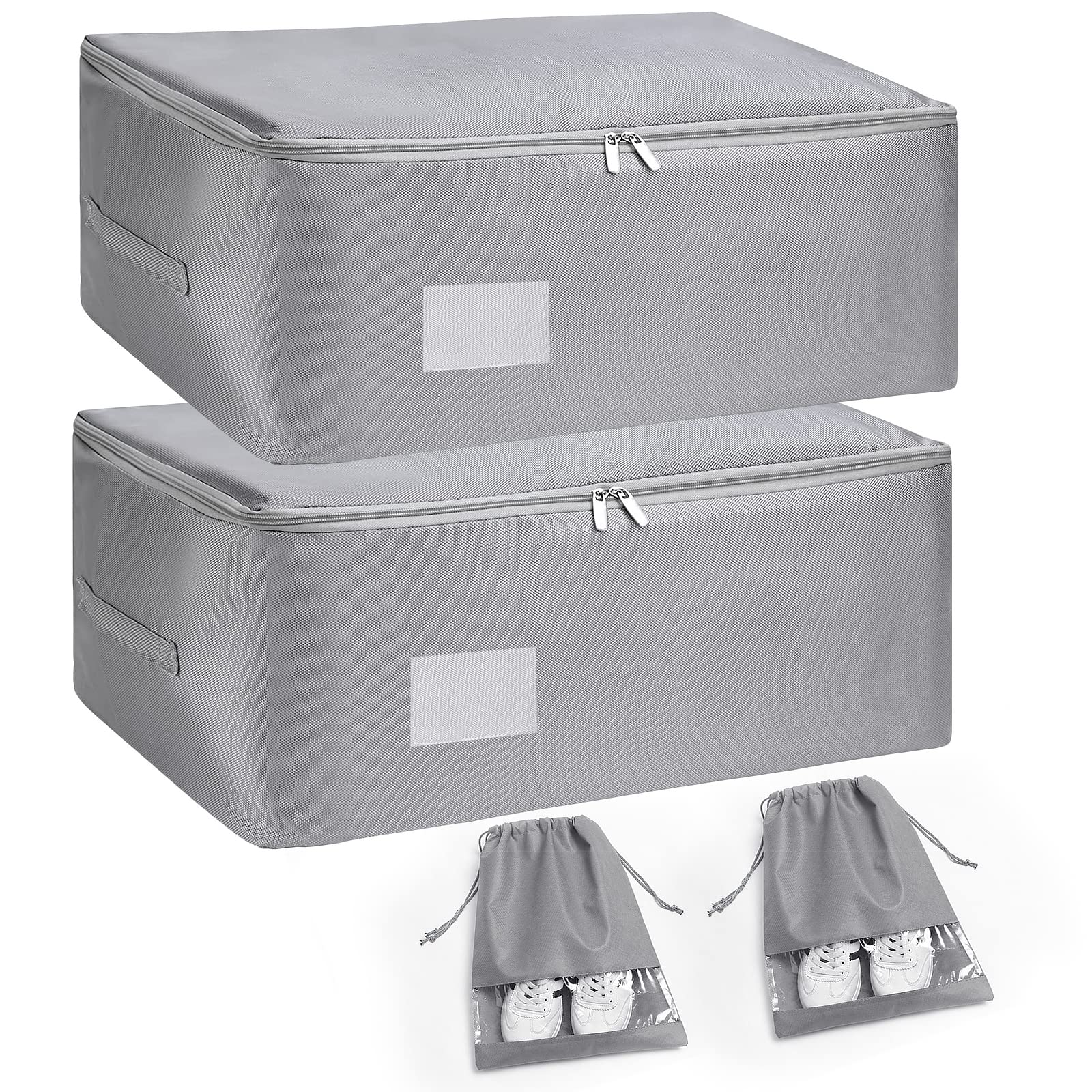 Clothes Storage Bags with Zips - 2Pcs 50L Under Storage Bag with Lids Foldable Thicken Packing Box Organizer with Reinforced Handles Moving Packing Totes Bag for Quilt Blankets Bedding Cushion, Grey