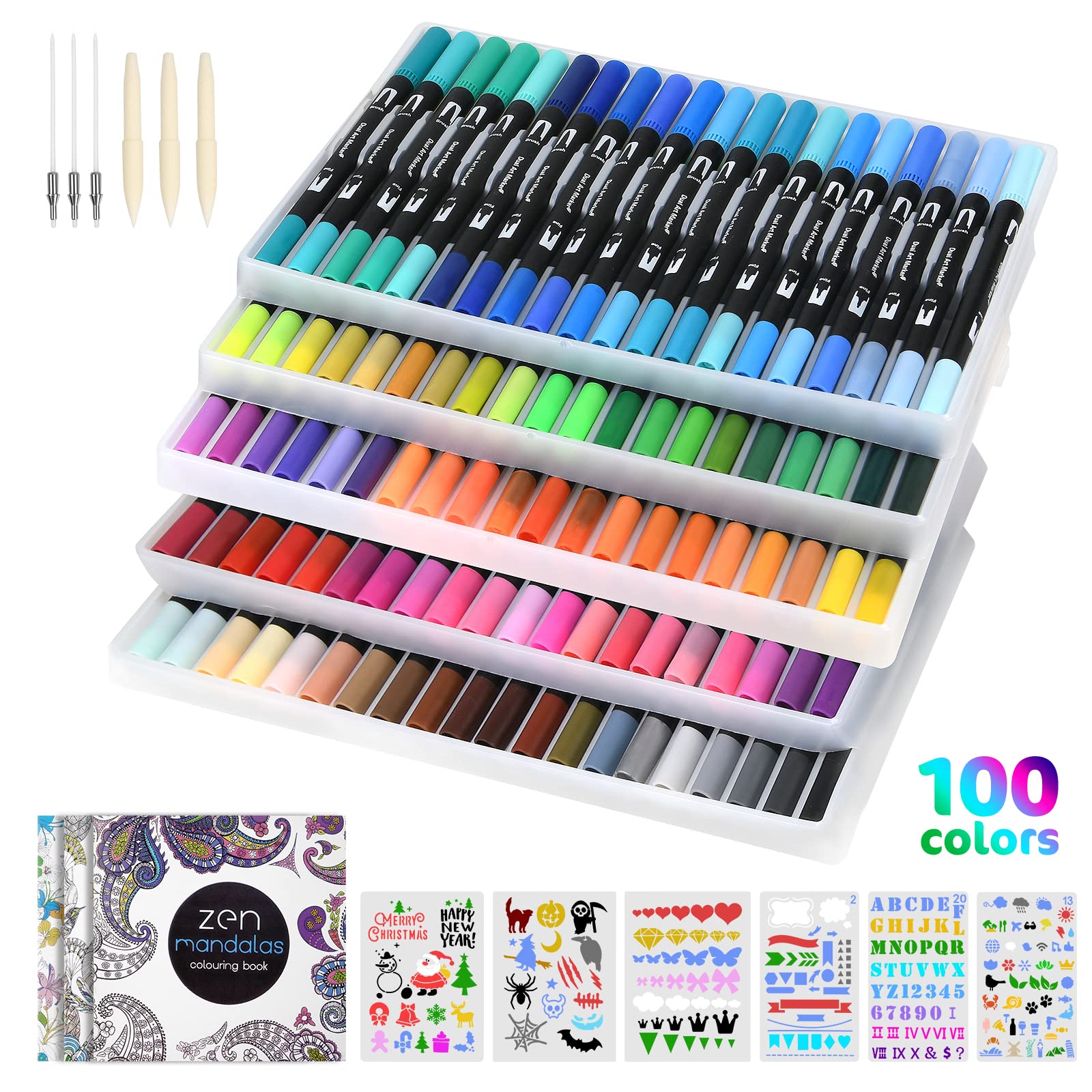 Vicloon Dual Tip Brush Pens, 100 Colouring Pens Felt Brush Tip Pen and Fineliner Pen Art Markers for Kids Adults Colouring Books Painting Sketching Highlighting