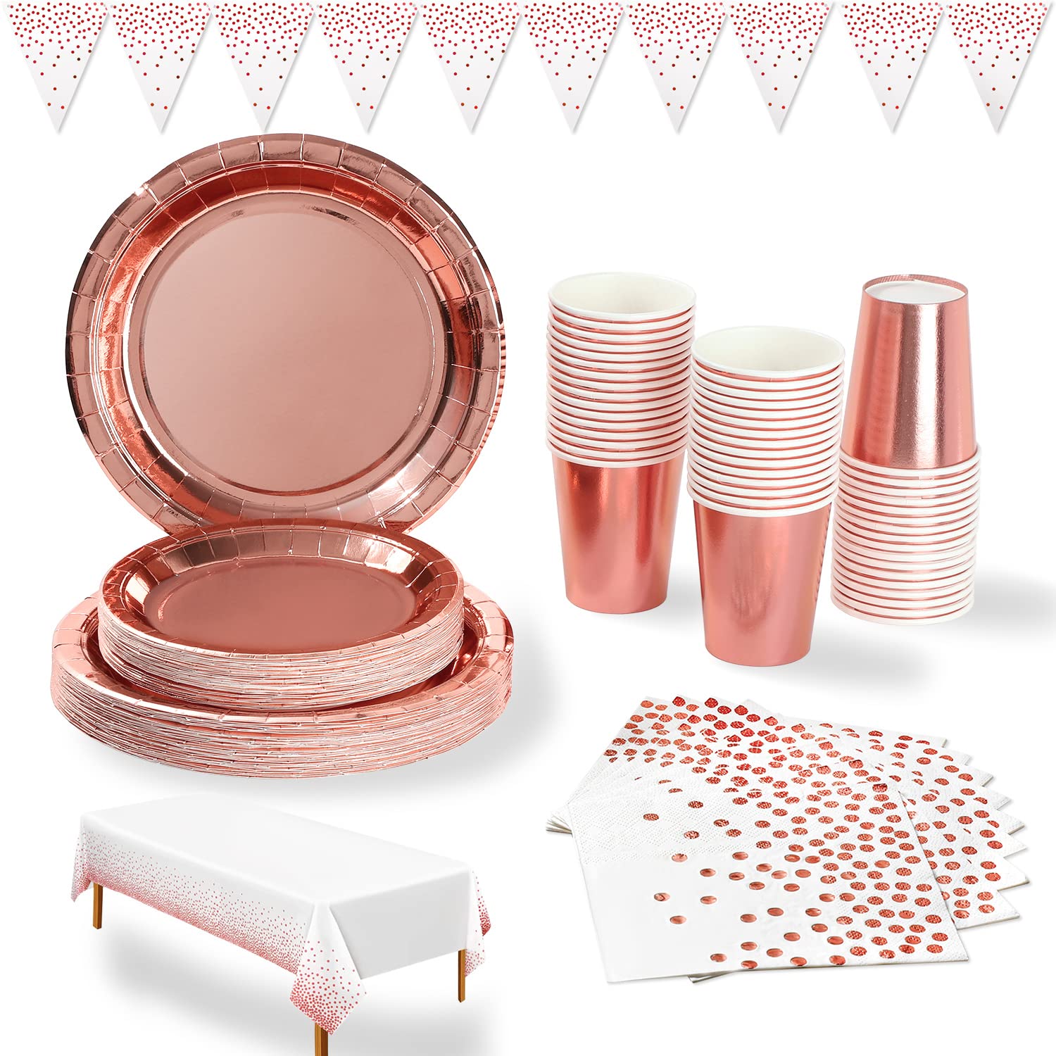Duocute Rose Gold Party Supplies 99 Pieces Rose Golden Party Tableware Paper Plates, Napkins, 9oz Cups, Tablecloth, Banner, for Bachelorette, Birthday, Anniversary, Baby Shower, Wedding (24 Guests)