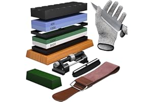 YeopAsda Knife Sharpening Stone Set - Premium 4 Side Grit 400/1000 3000/8000 Whetstone Sharpener Kit - Non-Slip Bamboo Base,Cut Resistant Gloves, Angle Guide,Flatting Stone,Honing Guide,Leather Strop