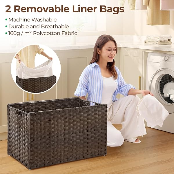 GREENSTELL STORAGE BASKET WITH LID, 42.3 GALLON(160L) LAGRE WICKER BLANKET STORAGE BASKET WITH HANDLES, FOLDABLE, 2 REMOVABLE LINER BAGS, METAL FRAME, FOR BEDROOM, LAUNDRY ROOM, BROWN, 30″*18.1″*18.1″
