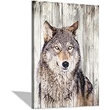 Gray Wolf Canvas Wall Art: Rustic Wooden Textured Background Wild Animal Artwork Wildlife Painting Picture Print for Living R