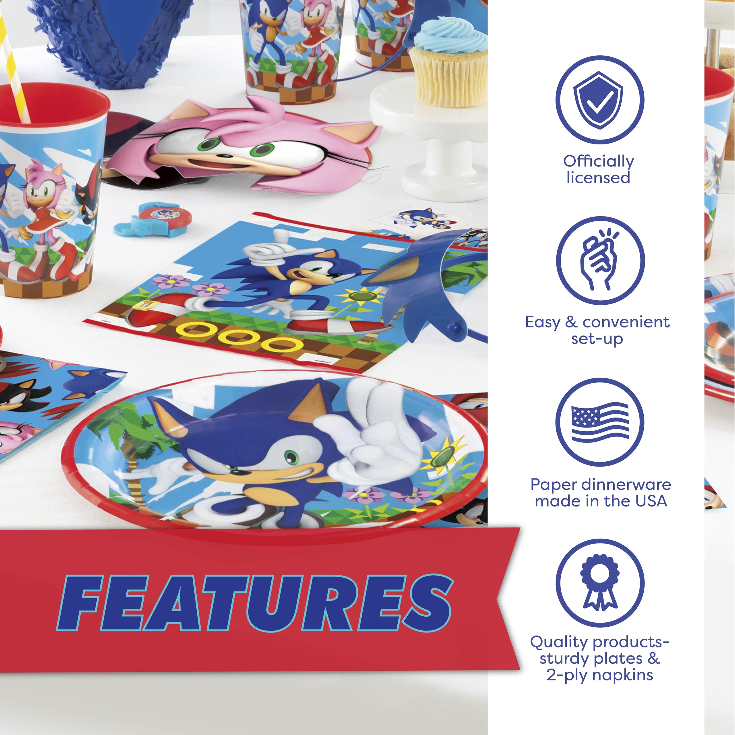 Sonic Birthday Party Decorations for 16 | Banner, Tablecloth, Plates and Napkins, Masks, Sticker | Sonic Party Decorations | Officially Licensed